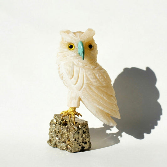 Sacred Wings Collection - Scolecite Owl on Pyrite