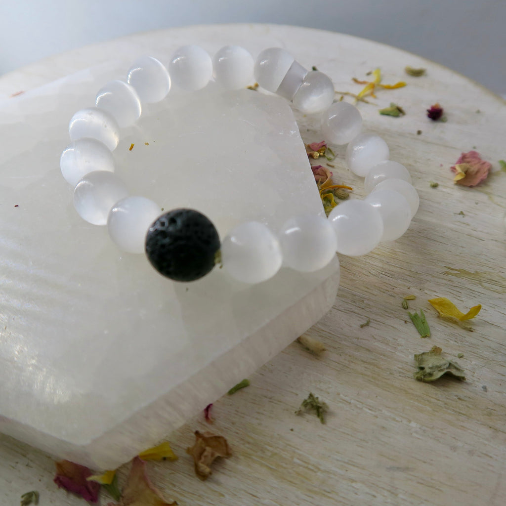 Selenite Bracelet with Lava Bead