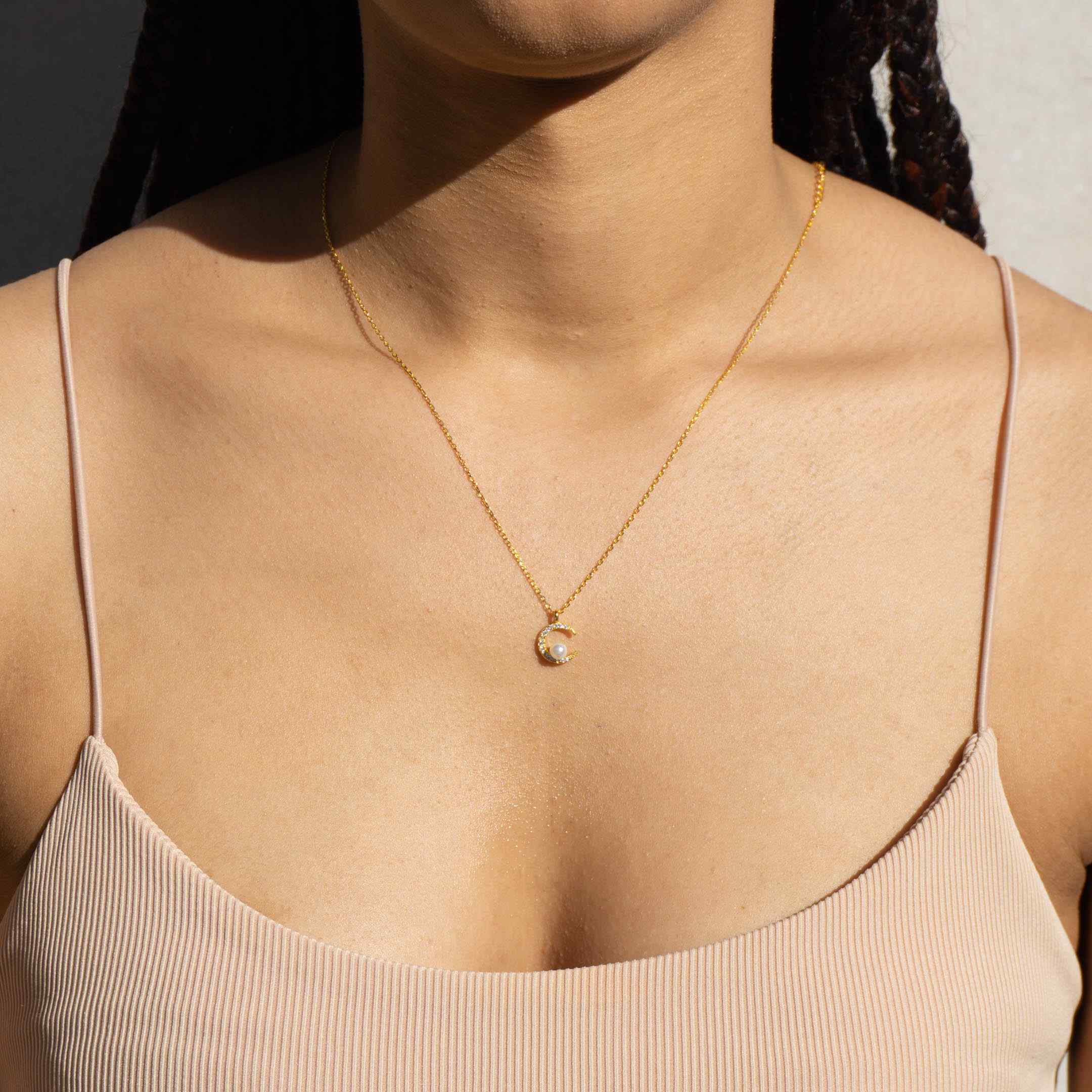 ネックレス・ペンダント Moon Pearl Necklace 6.5mm Freshwater White Pearl CZ Crystal Crescent Moon
