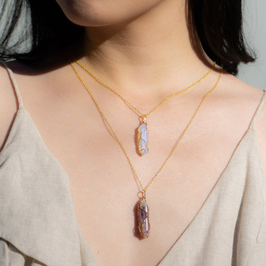 Wire Wrapped Crystal Point Necklace - Gold