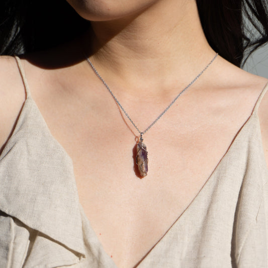 Wire Wrapped Crystal Point Necklace - Silver
